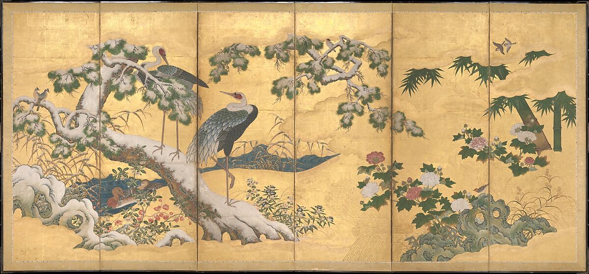 Birds and Flowers of the Four Seasons, Pair of six-panel folding screens; ink, color, gold, and gold leaf on paper, Japan