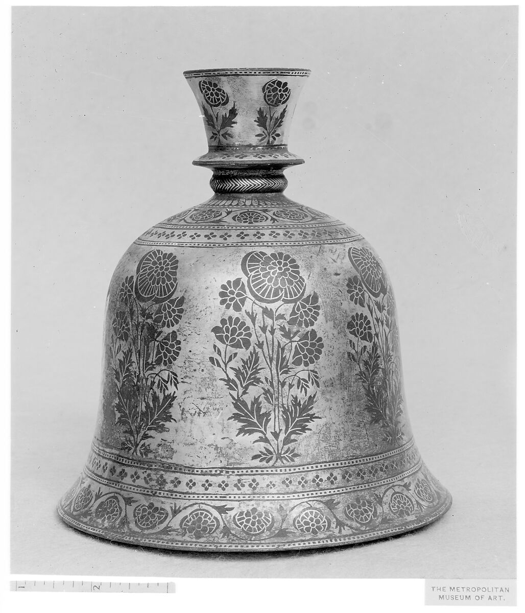 Water Pipe Base, Zinc alloy; cast, engraved, inlaid with silver (bidri ware)