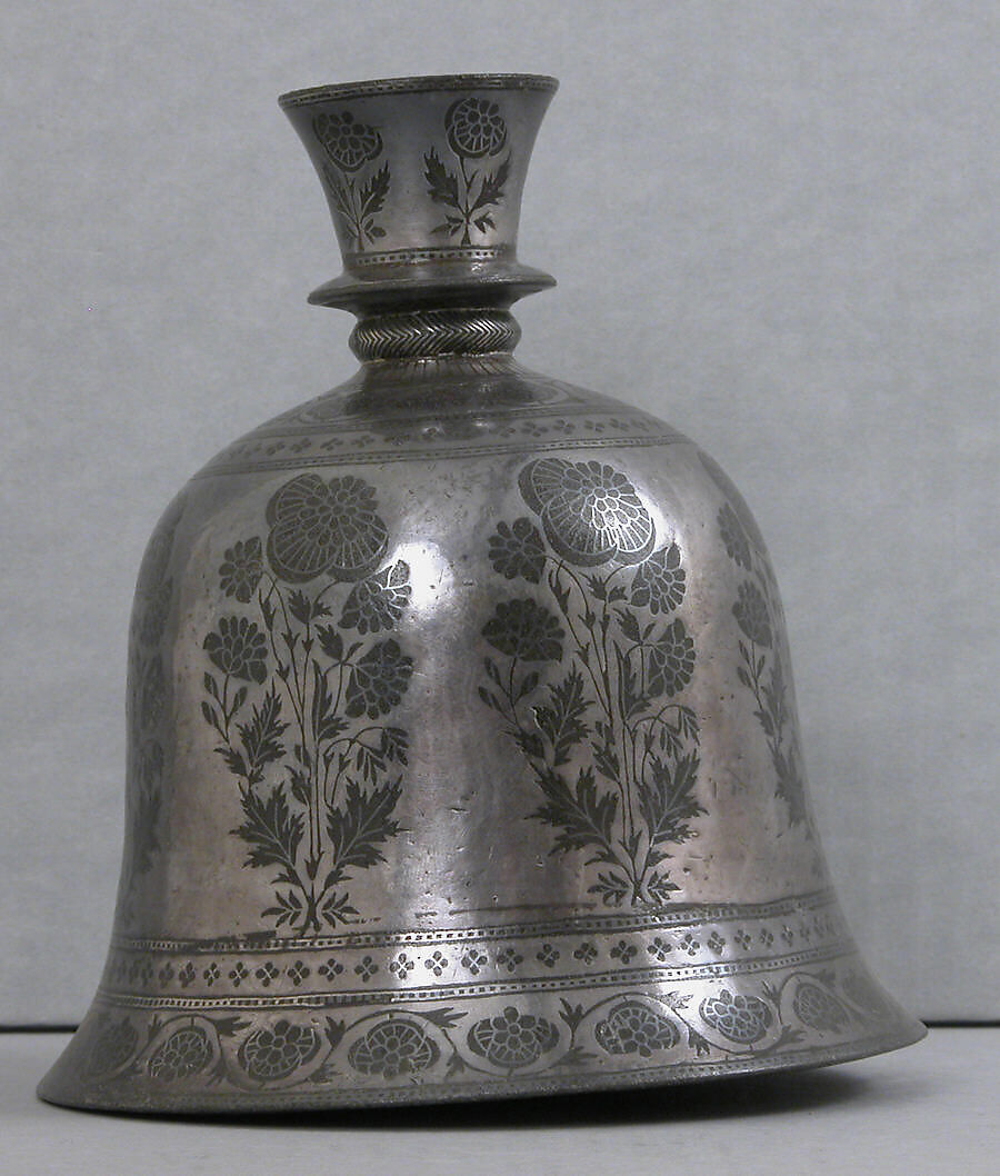 Water Pipe Base, Zinc alloy; cast, engraved, inlaid with silver (bidri ware) 