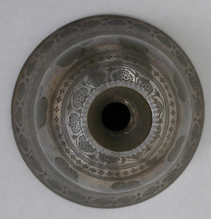Water Pipe Base, Zinc alloy; cast, engraved, inlaid with silver (bidri ware)