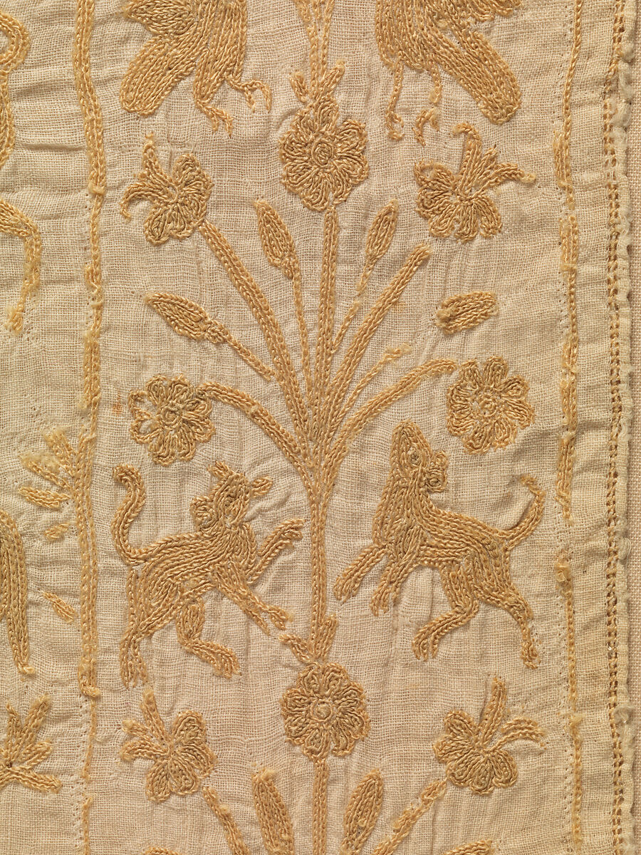 Panel from a Mantle or Apron, Cotton, tasar silk; plain weave, embroidered