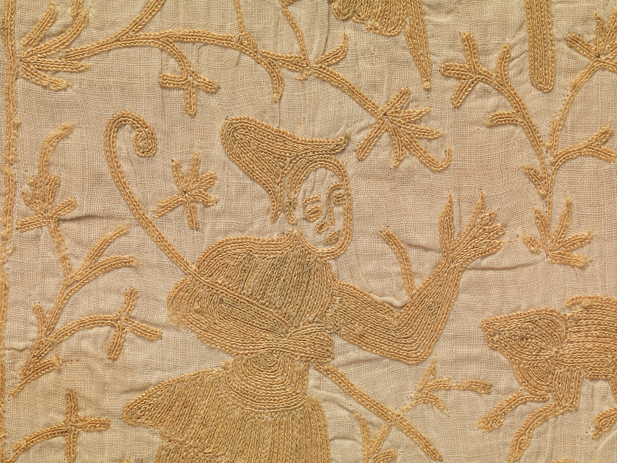 Panel from a Mantle or Apron, Cotton, tasar silk; plain weave, embroidered