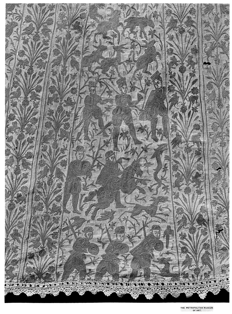 Panel from a Mantle or Apron, Cotton, tasar silk; plain weave, embroidered