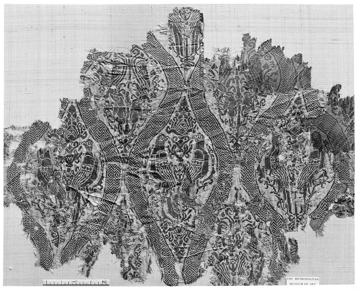 Textile Fragment with Addorsed Parrots and Griffins, Silk; lampas