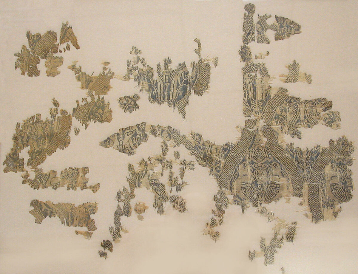Textile Fragment with Addorsed Parrots and Griffins, Silk; lampas