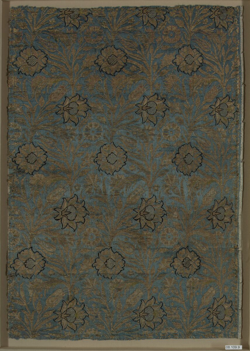 Fragment of a Brocaded Silk, Silk, metal wrapped thread; brocaded