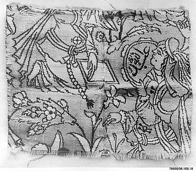 Fragment with a Garden Scene, Silk, metal wrapped thread; lampas