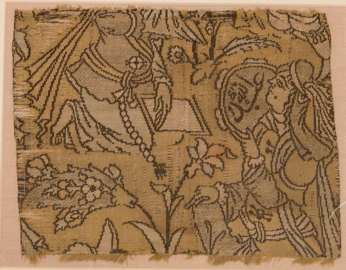 Fragment with a Garden Scene, Silk, metal wrapped thread; lampas