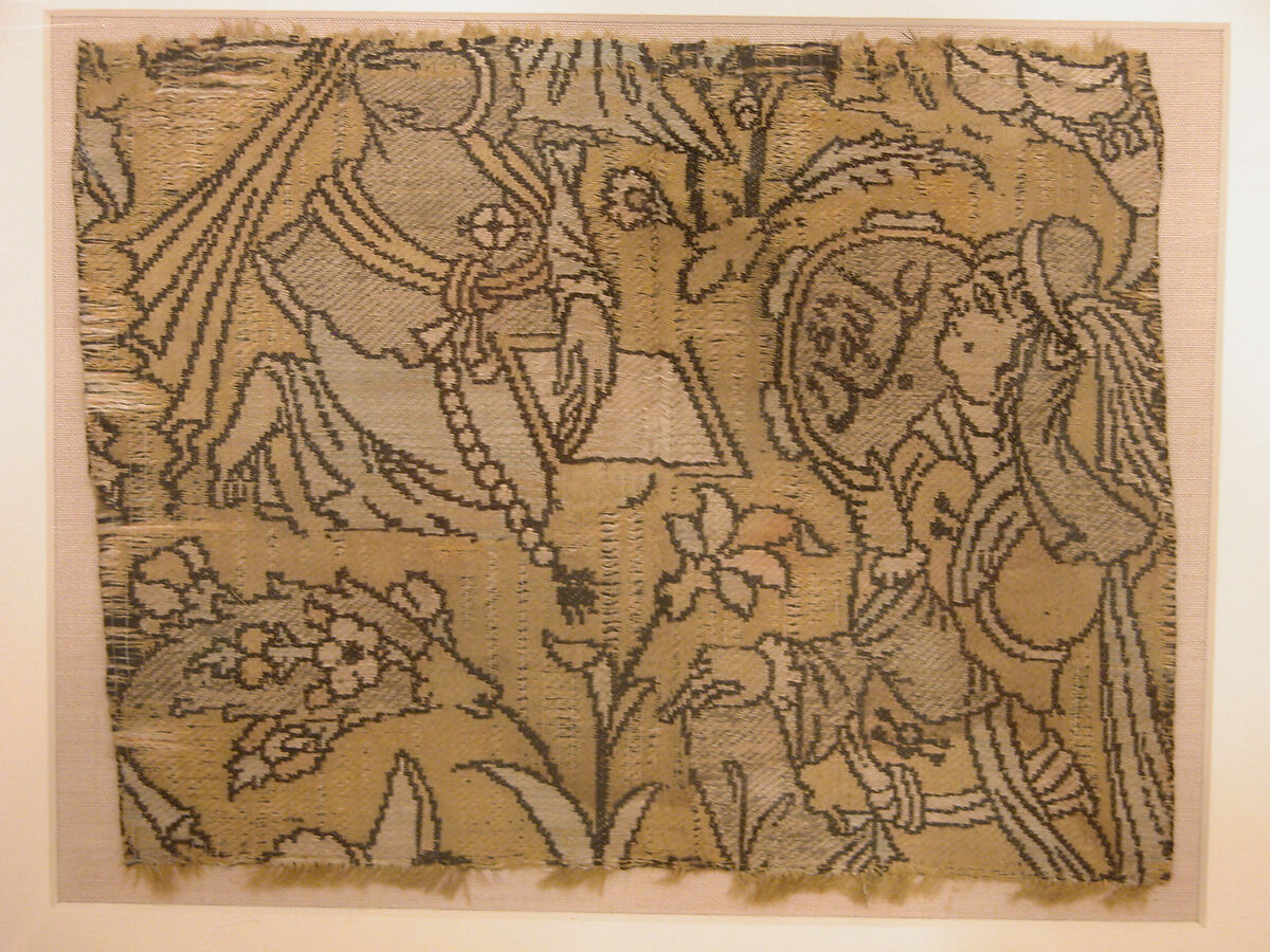 Fragment with a Garden Scene, Silk, metal wrapped thread; lampas