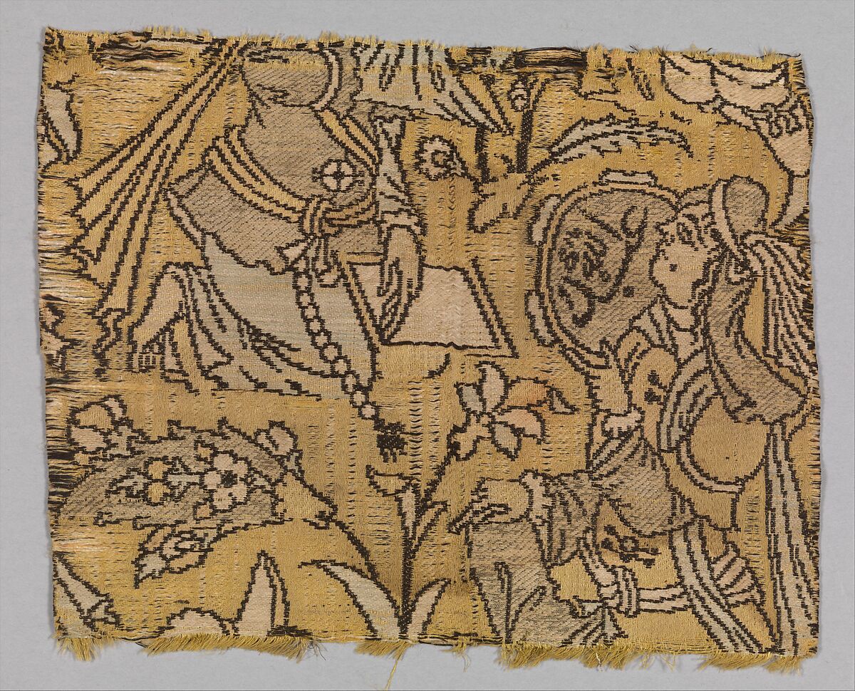 Fragment with a Garden Scene, Silk, metal wrapped thread; lampas 