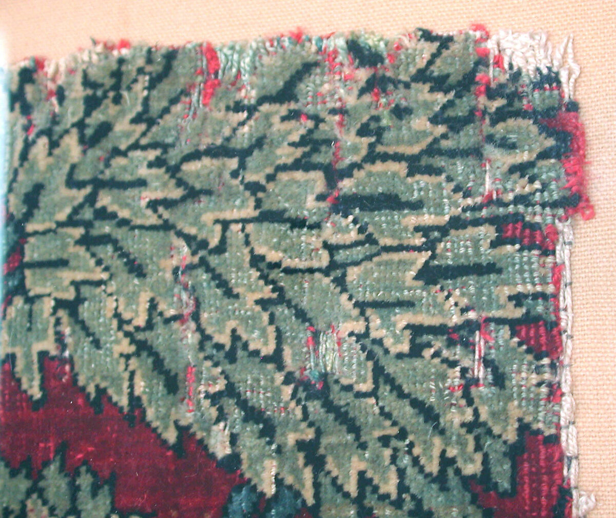 Pashmina Carpet Fragment, Silk (warp and weft), pashmina wool (pile); asymmetrically knotted pile