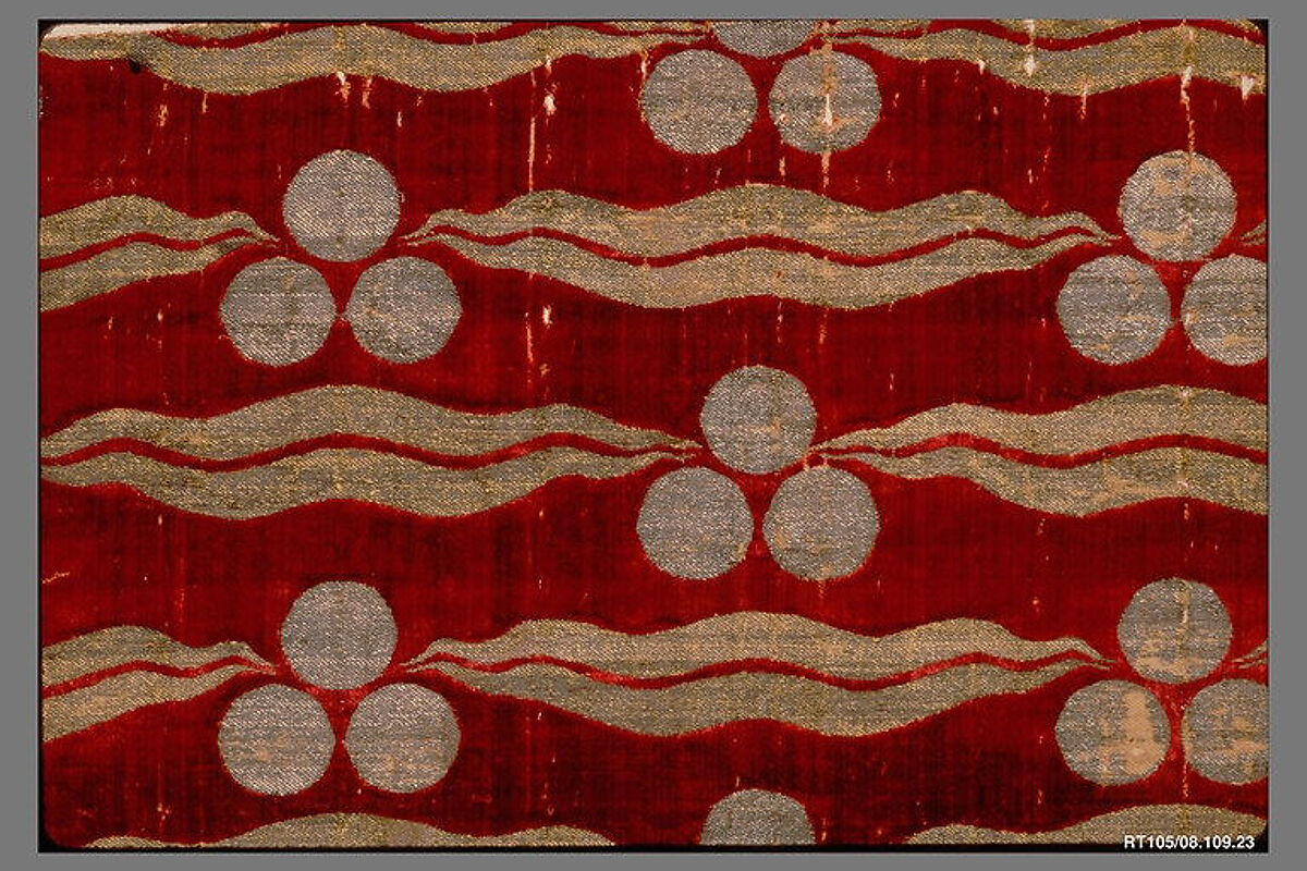 Fragmentary Silk Velvet with Repeating Tiger-stripe and 'Chintamani' Design, Silk, metal wrapped thread; cut and voided velvet (çatma), brocaded