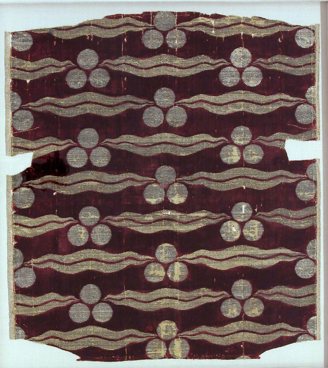 Fragmentary Silk Velvet with Repeating Tiger-stripe and 'Chintamani' Design, Silk, metal wrapped thread; cut and voided velvet (çatma), brocaded