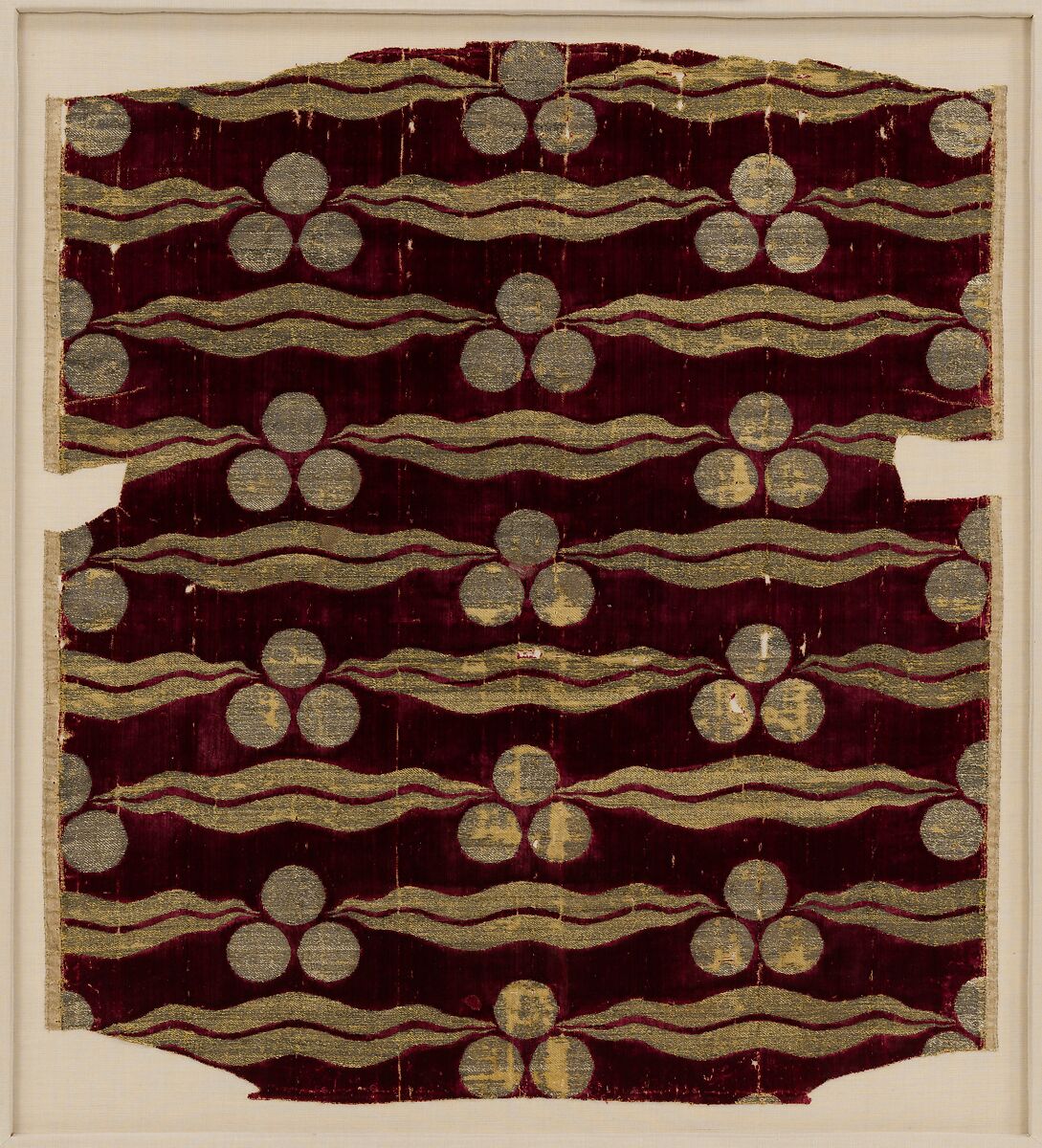 Fragmentary Silk Velvet with Repeating Tiger-stripe and 'Chintamani' Design