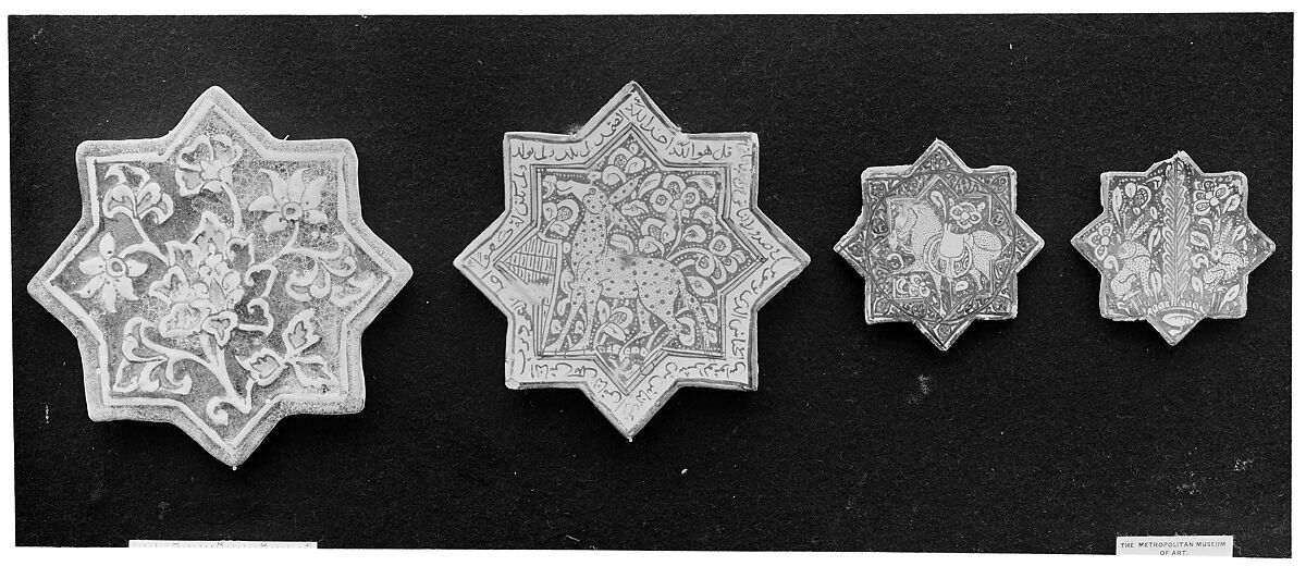 Star-Shaped Tile, Stonepaste; inglaze painted in blue and turquoise and luster-painted on opaque white glaze