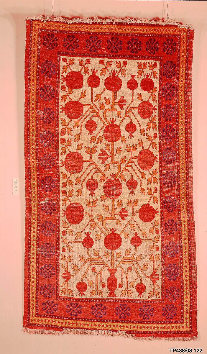 Carpet, Cotton (warp), wool (weft and pile); asymmetrically knotted pile
