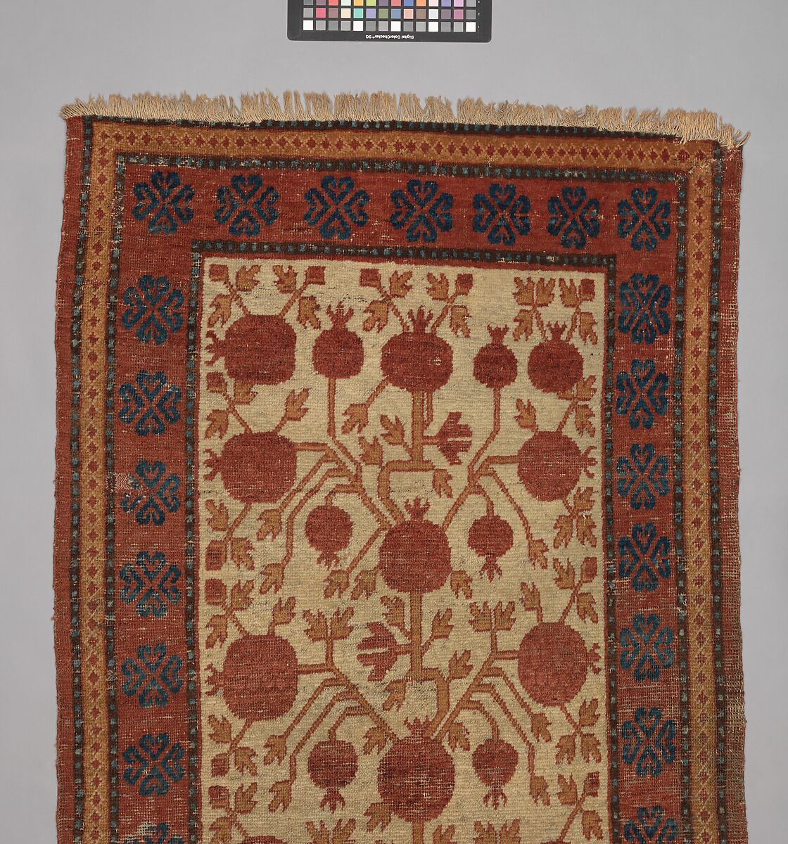 Carpet, Cotton (warp), wool (weft and pile); asymmetrically knotted pile