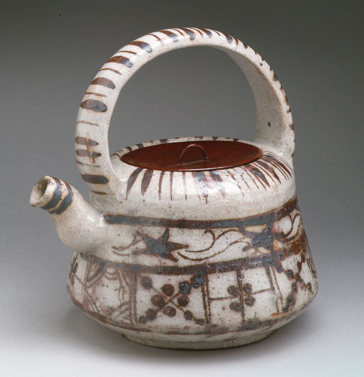 Ewer with Floral and Striped Design, Stoneware with underglaze iron brown (Mino ware, Shino-Oribe type), Japan