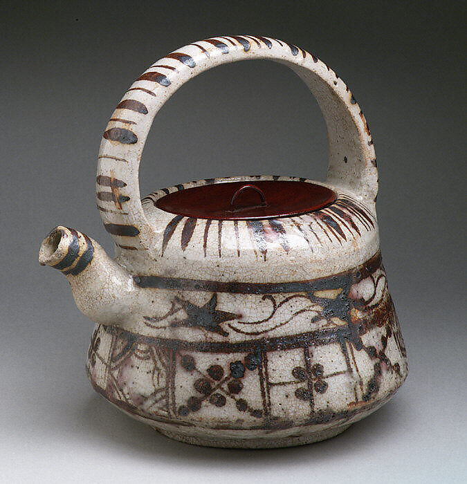 Ewer with Floral and Striped Design, Stoneware with underglaze iron brown (Mino ware, Shino-Oribe type), Japan 