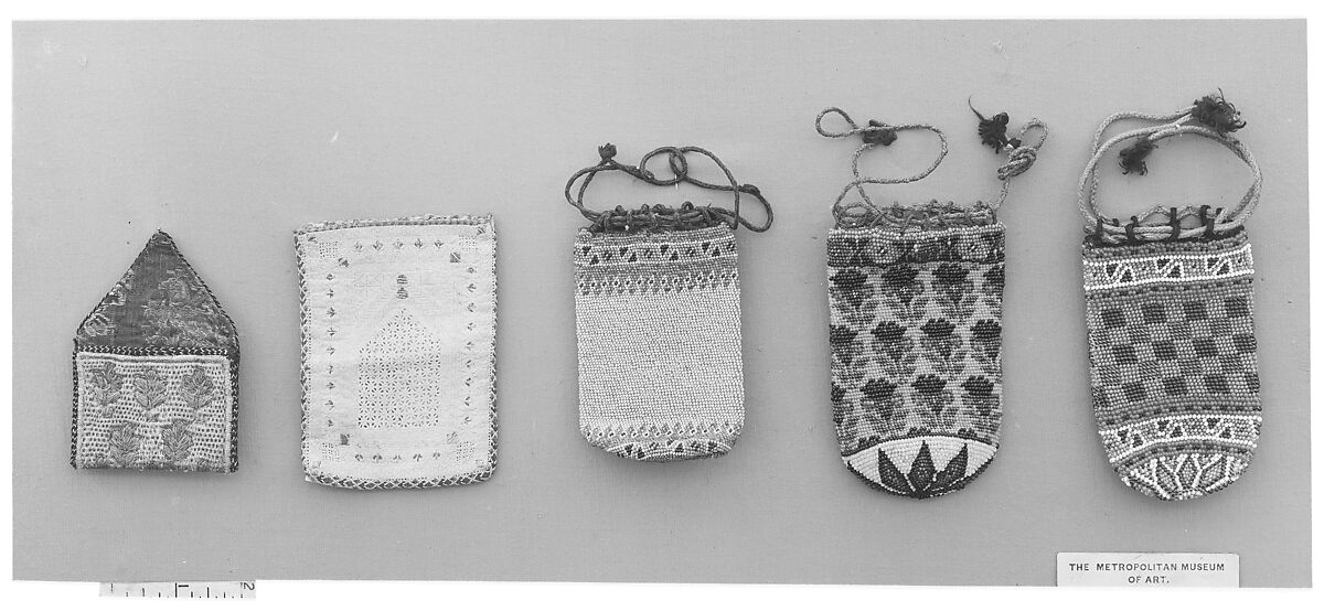 Bag, Linen; embroidered in silk and metal thread