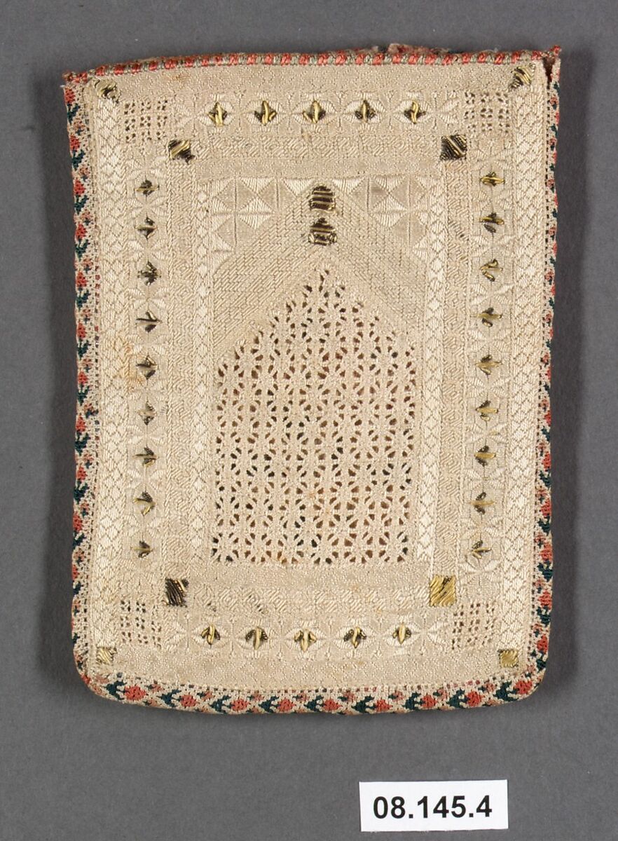 Bag, Linen; embroidered in silk and metal thread 