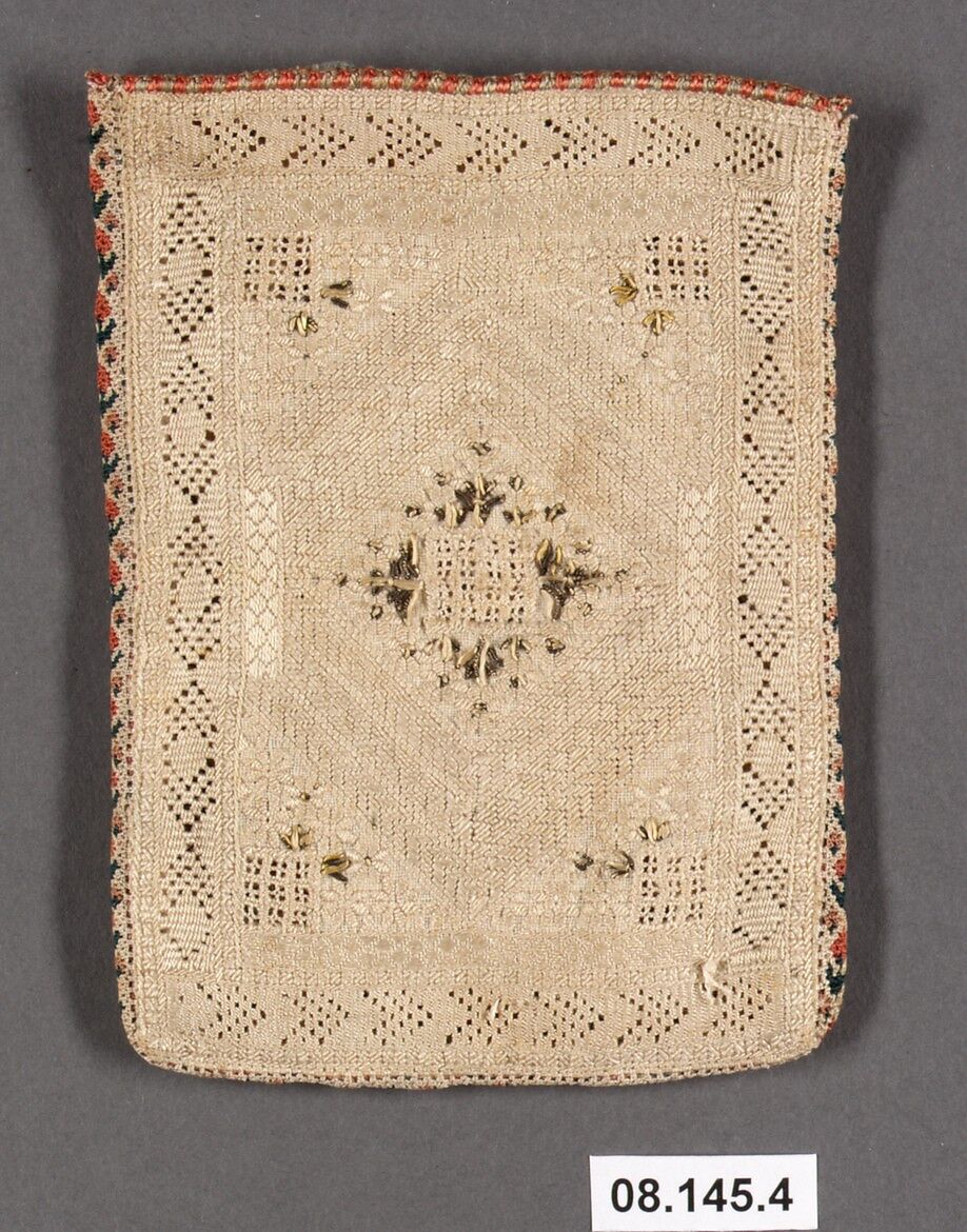 Bag, Linen; embroidered in silk and metal thread
