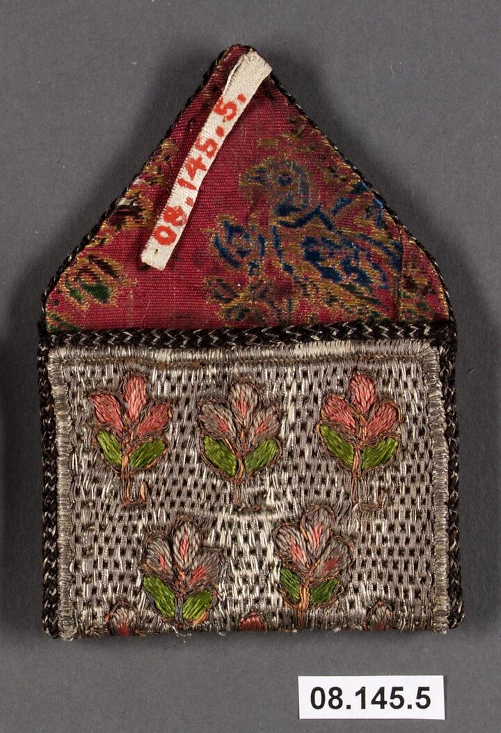 Bag, Silk and metal wrapped thread; embroidered 