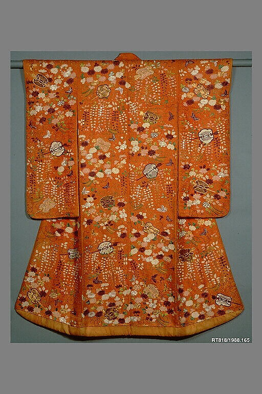 Over Robe (Uchikake) with Fans and Flowers, Silk and metallic-thread embroidery on resist-dyed silk satin damask (rinzu), Japan