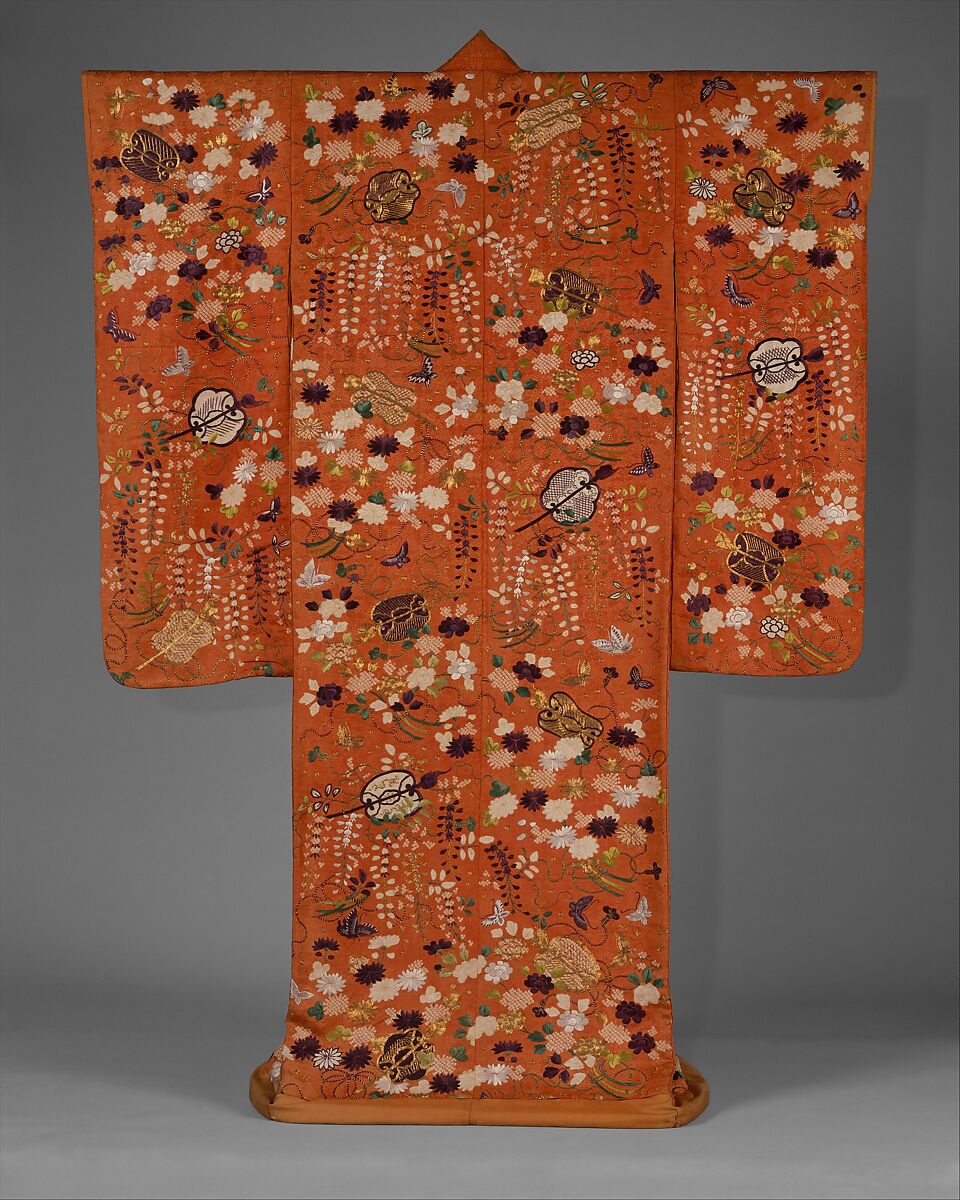 Over Robe (Uchikake) with Fans and Flowers, Silk and metallic-thread embroidery on resist-dyed silk satin damask (rinzu), Japan 