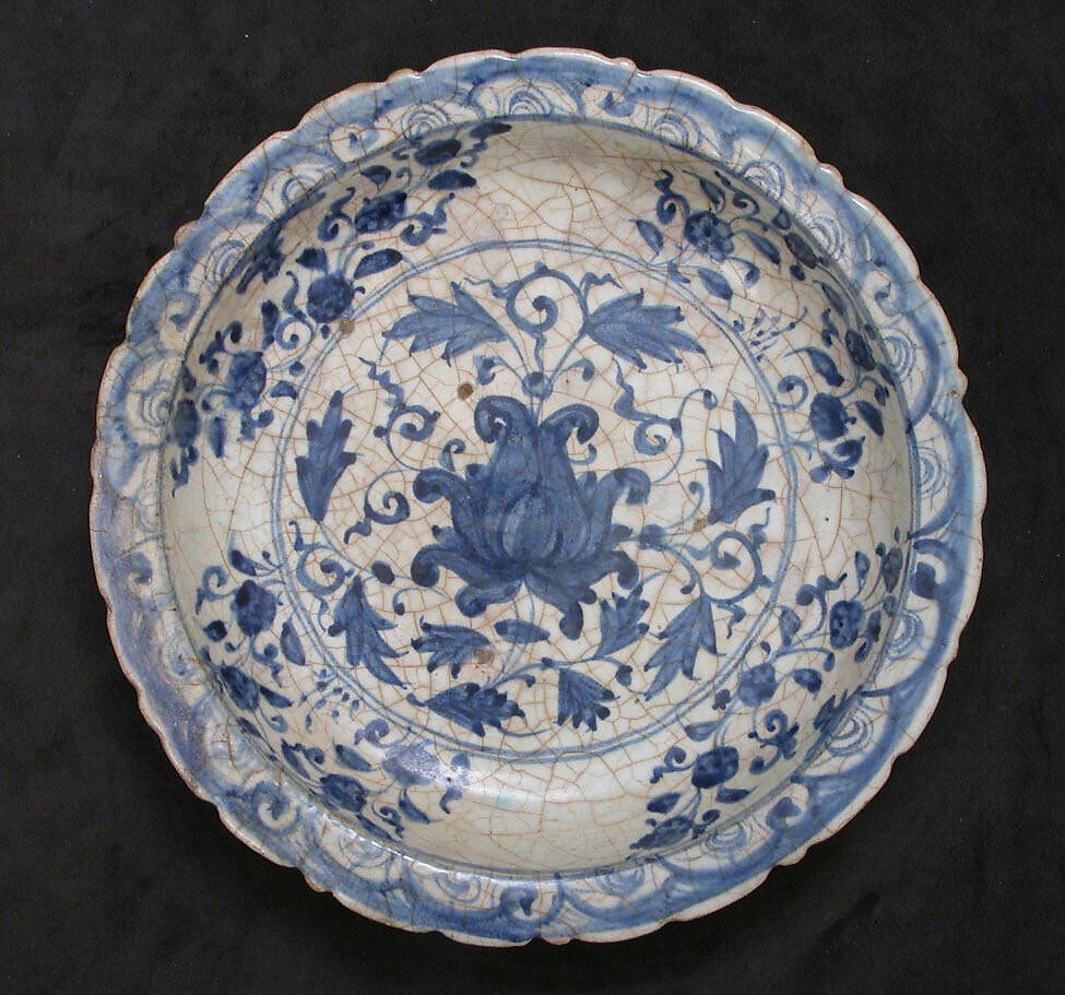 Dish with a Lotus Design, Stonepaste; painted in blue under transparent glaze ("Kubachi" ware) 