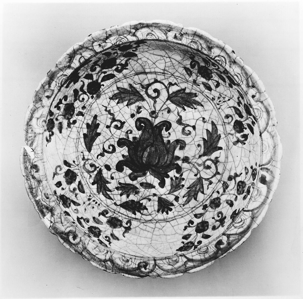 Dish with a Lotus Design, Stonepaste; painted in blue under transparent glaze ("Kubachi" ware)