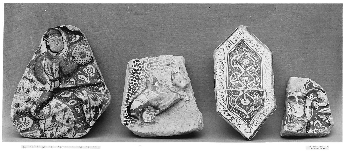 Cross-Shaped Tile Fragments, Stonepaste; overglaze luster-painted