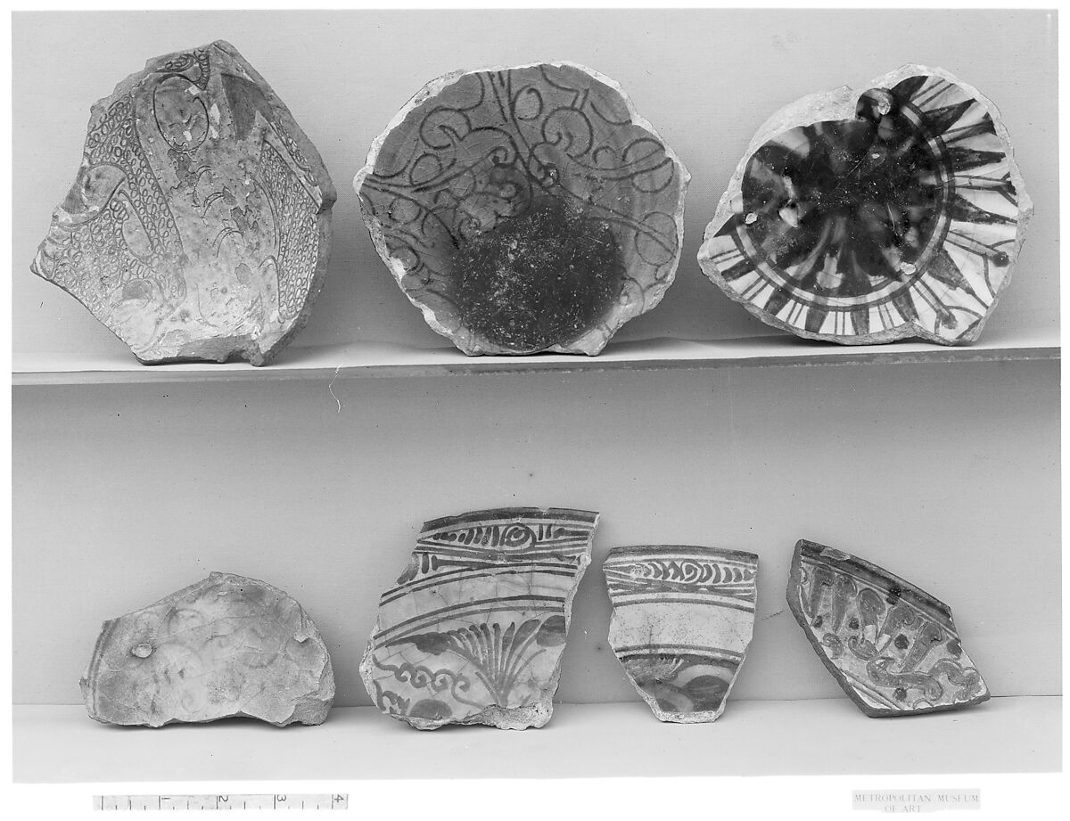 Ceramic Fragment, Earthenware; incised decoration through white slip and coloring under transparent glaze.