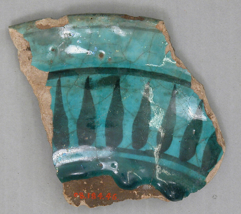 Fragment, earthenware; underglaze painted blue; transparent turquoise glaze 