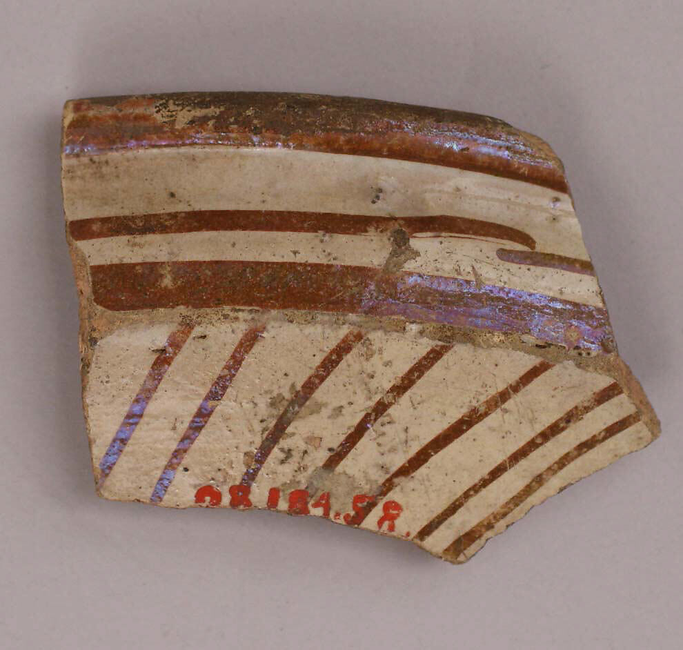 Ceramic Fragment, Earthenware; white slip; underglaze blue; transparent colorless glaze; luster-painted