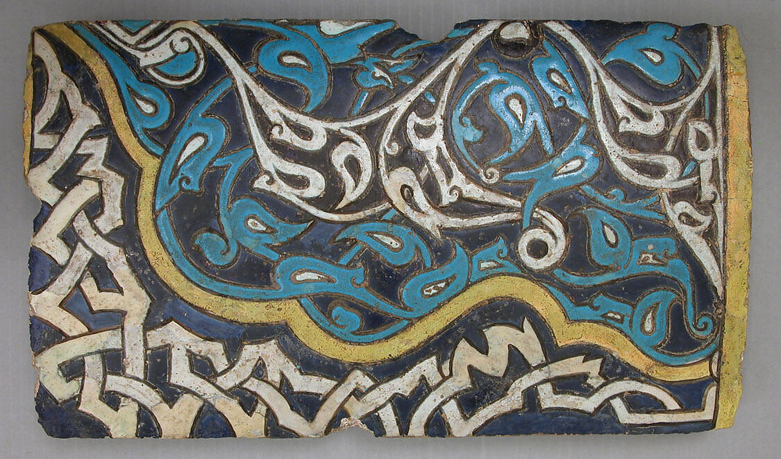 Shaped Tiles in the 'Cuerda Seca' Technique, Stonepaste; polychrome glaze within black wax resist outlines (cuerda seca technique)