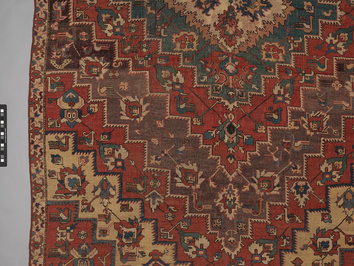 Rug with an Interlocking Lozenge-Medallion Design, Wool (warp, weft, and pile); symmetrically knotted pile