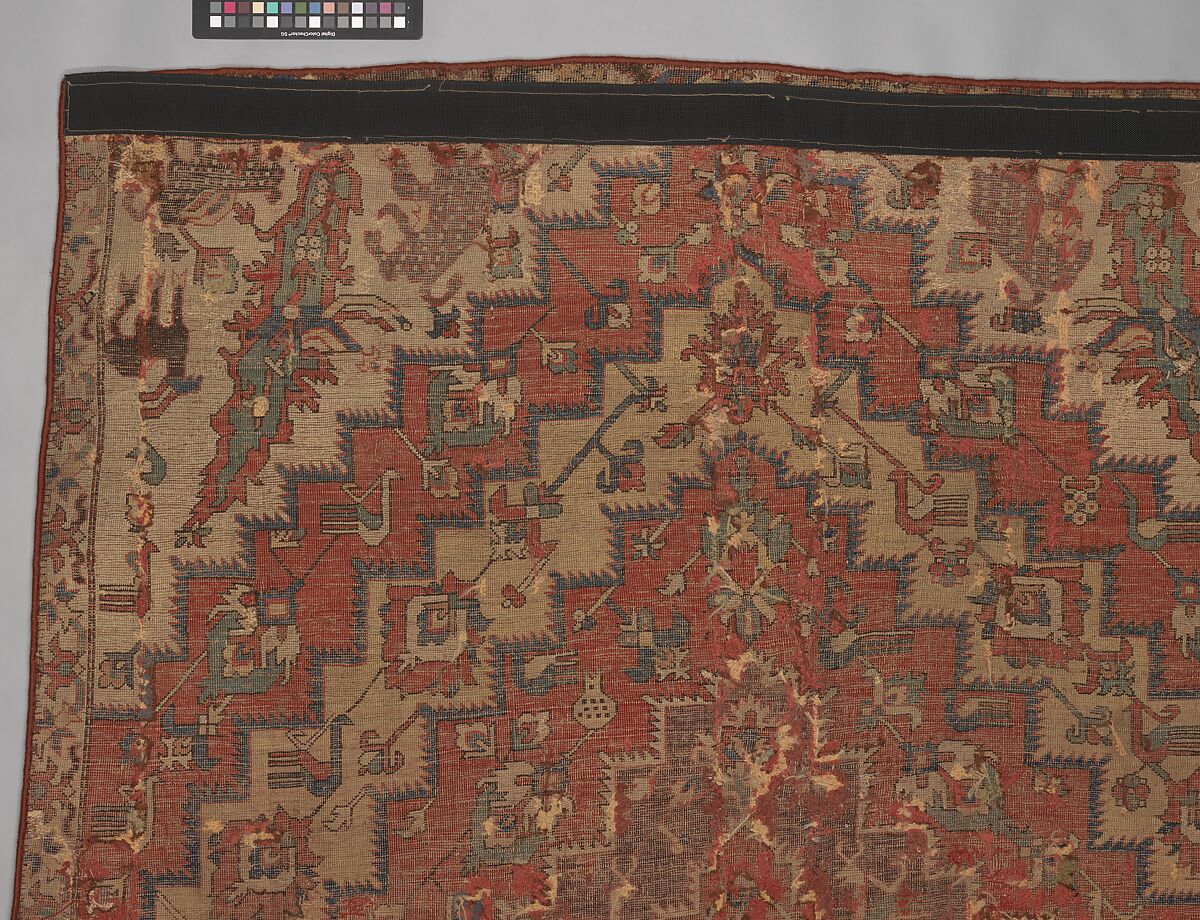 Rug with an Interlocking Lozenge-Medallion Design, Wool (warp, weft, and pile); symmetrically knotted pile