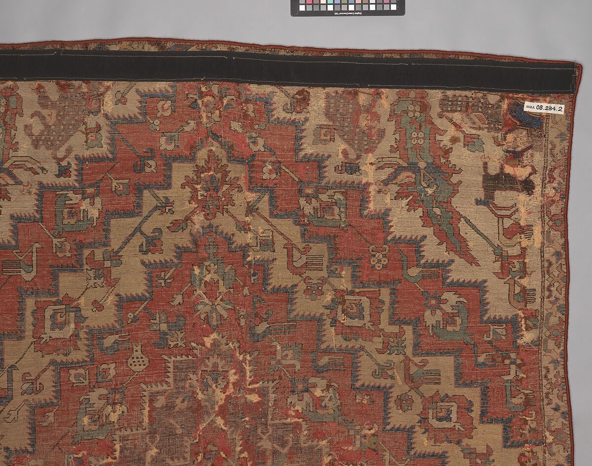 Rug with an Interlocking Lozenge-Medallion Design, Wool (warp, weft, and pile); symmetrically knotted pile