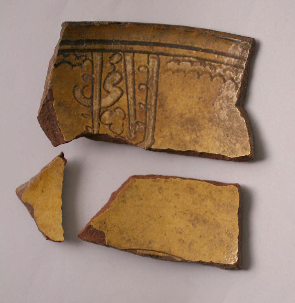 Fragments, Earthenware; incised decoration through white slip and coloring under transparent glaze 