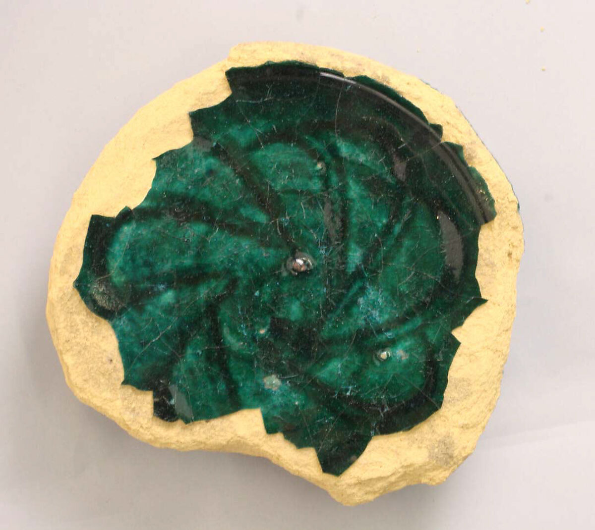 Fragment of a Bowl, Earthenware; incised under green glaze 
