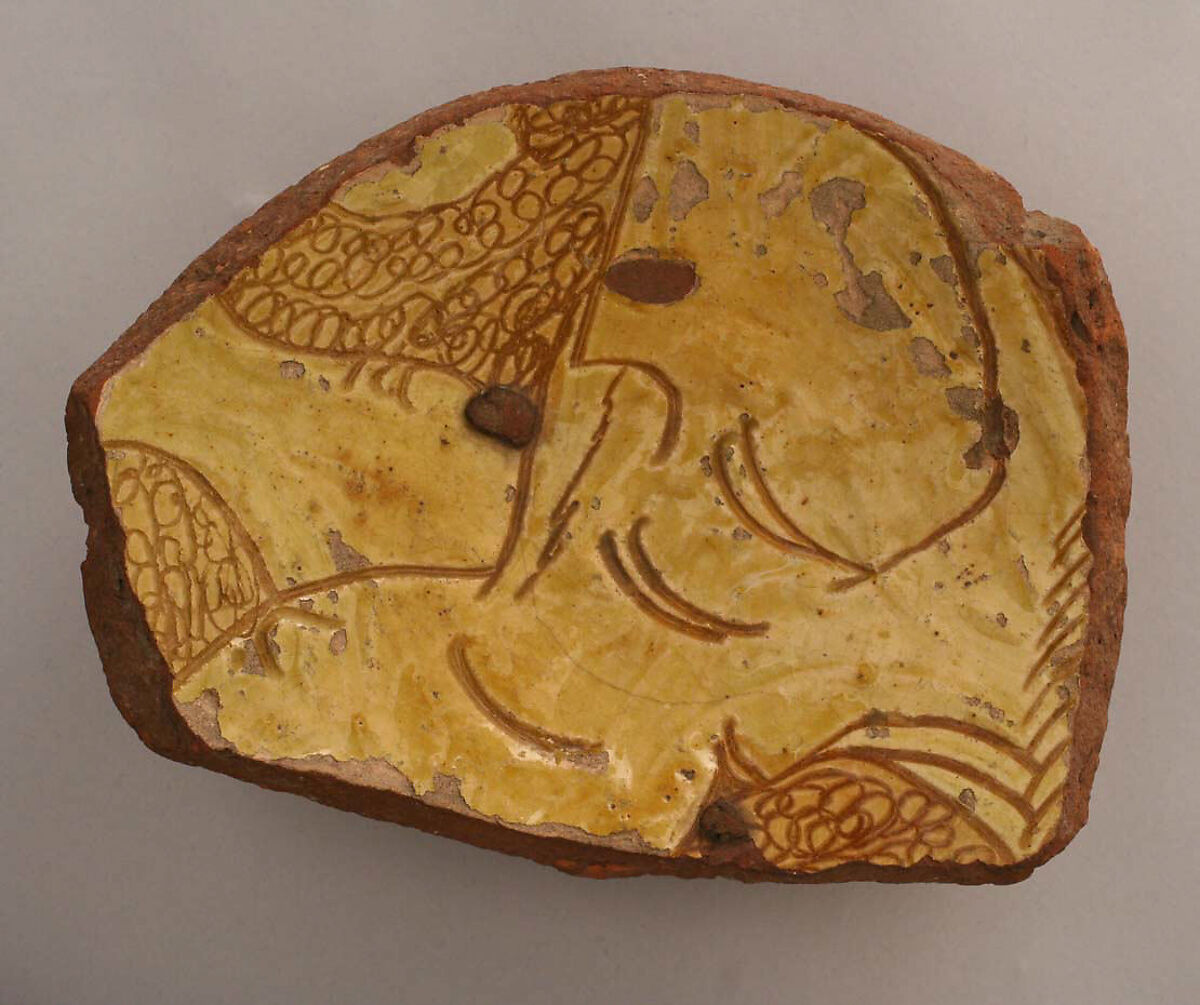 Fragment, Earthenware; incised decoration through white slip and coloring under transparent glaze 