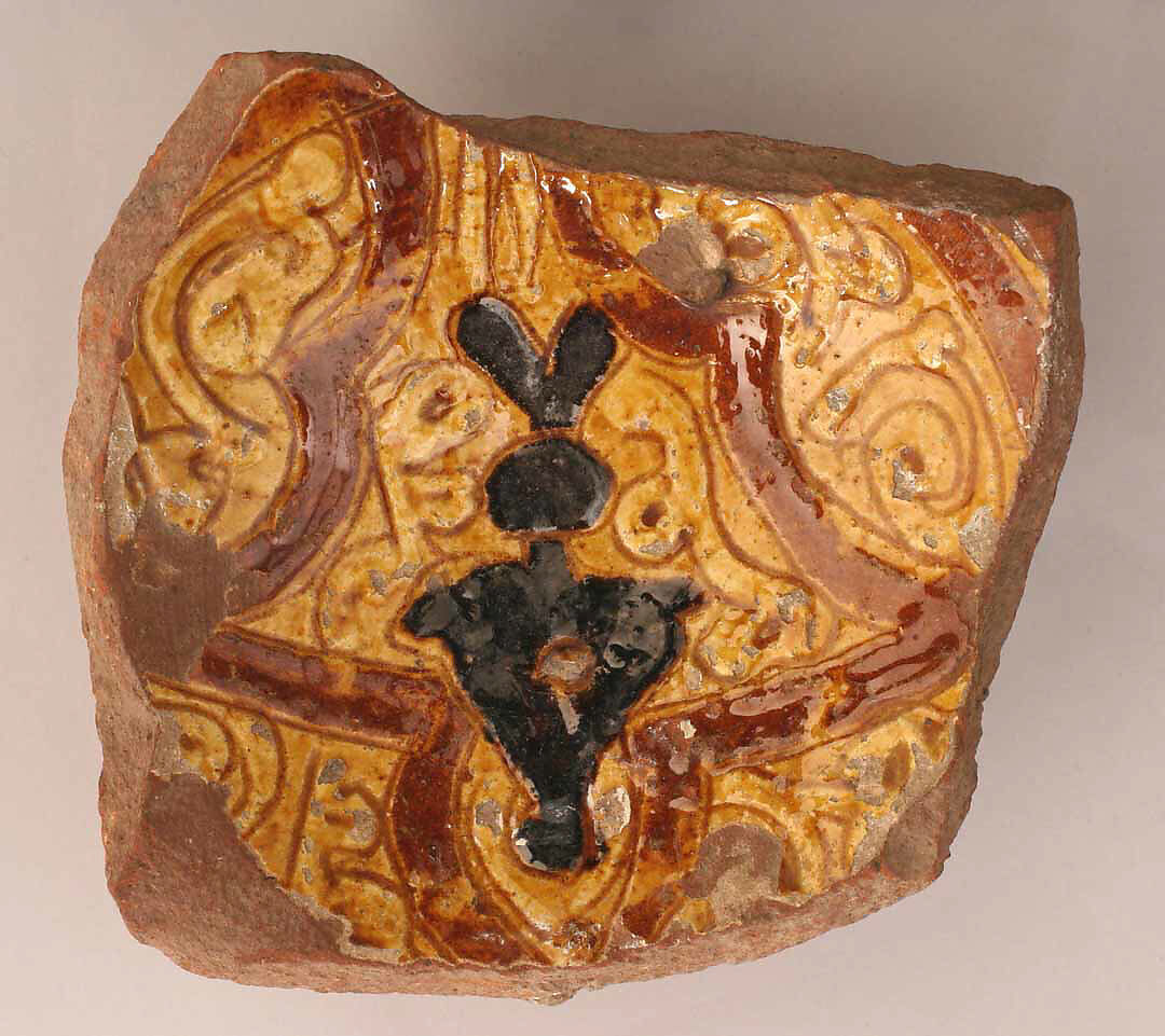Ceramic Fragment, Earthenware; incised decoration through slip under transparent glaze 