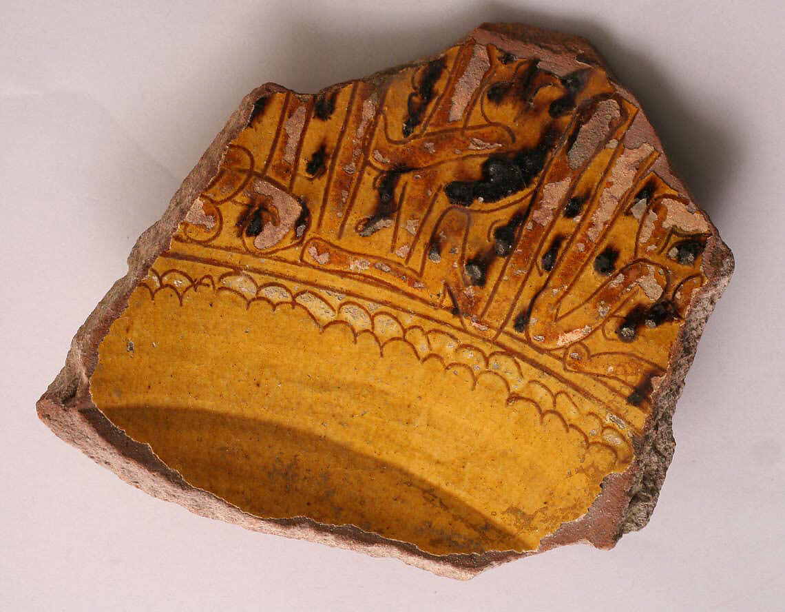 Ceramic Fragment, Earthenware; incised decoration through white slip and coloring under transparent glaze 