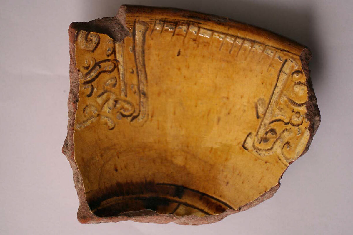 Ceramic Fragment, Earthenware; incised decoration through white slip and coloring under transparent glaze