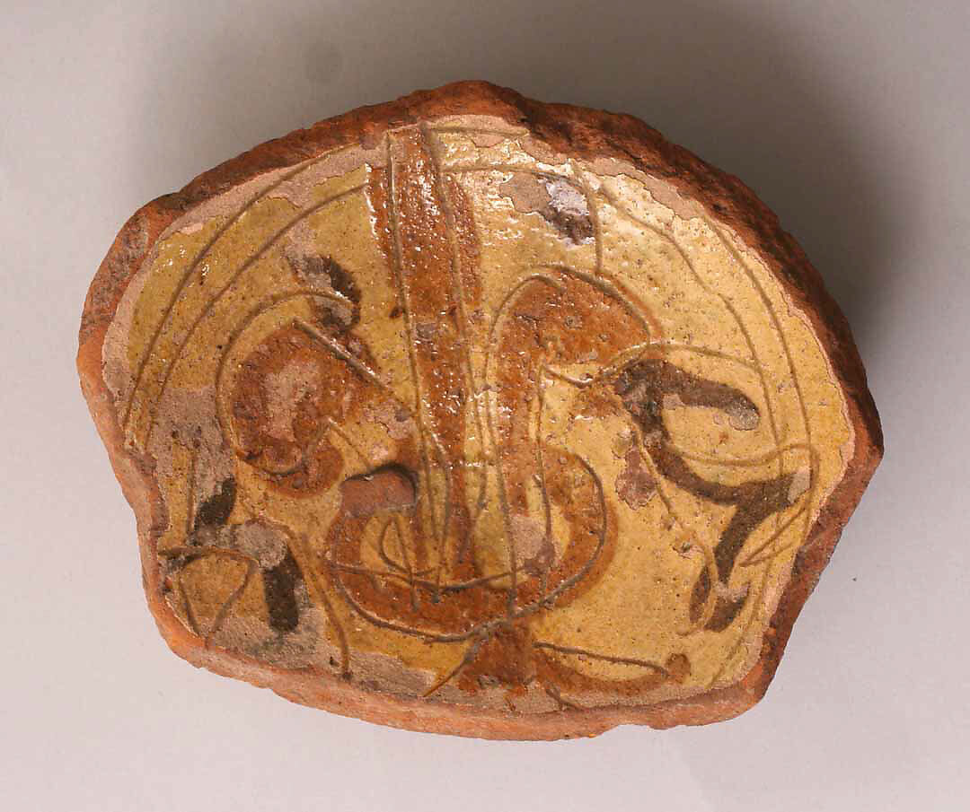 Ceramic Fragment, Earthenware; incised decoration through white slip and coloring under transparent glaze 