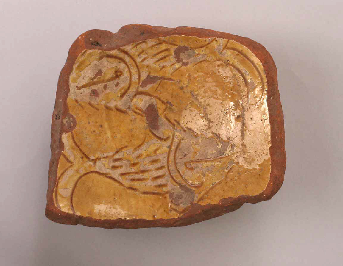 Ceramic Fragment, Earthenware; incised decoration through white slip and coloring under transparent glaze 