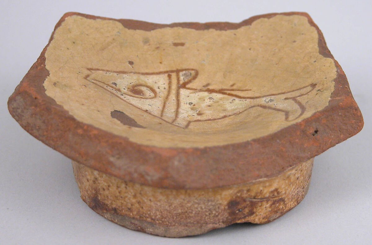 Ceramic Fragment, Earthenware; incised decoration through white slip and coloring under transparent glaze