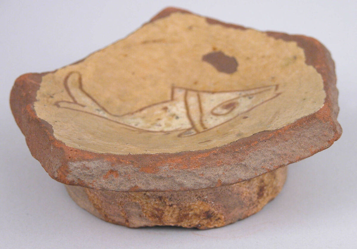 Ceramic Fragment, Earthenware; incised decoration through white slip and coloring under transparent glaze