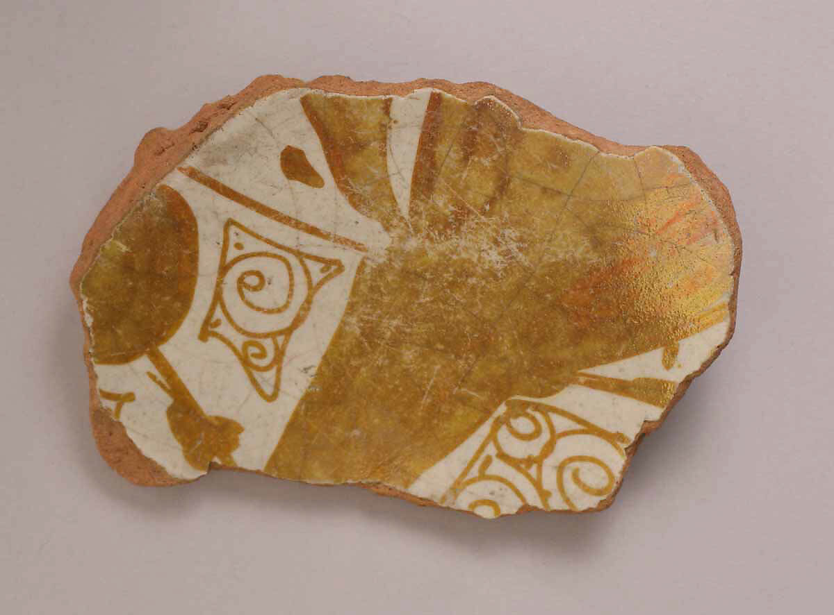 Ceramic Fragment, Earthenware; tin enameled, luster-painted 